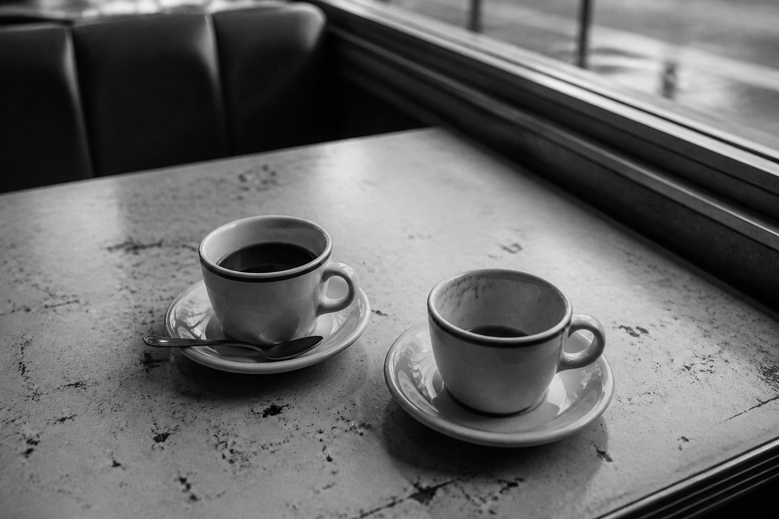 Two coffee cups on a worn diner table
